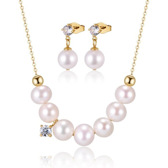 Golden Silver Pearl Necklace Set for Women 20'' Adjustable Elegant Gift